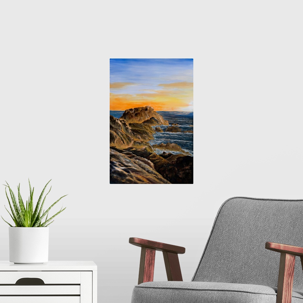 A modern room featuring Painting of Coffs harbour beach at sunrise using bright colors and balanced composition to create...