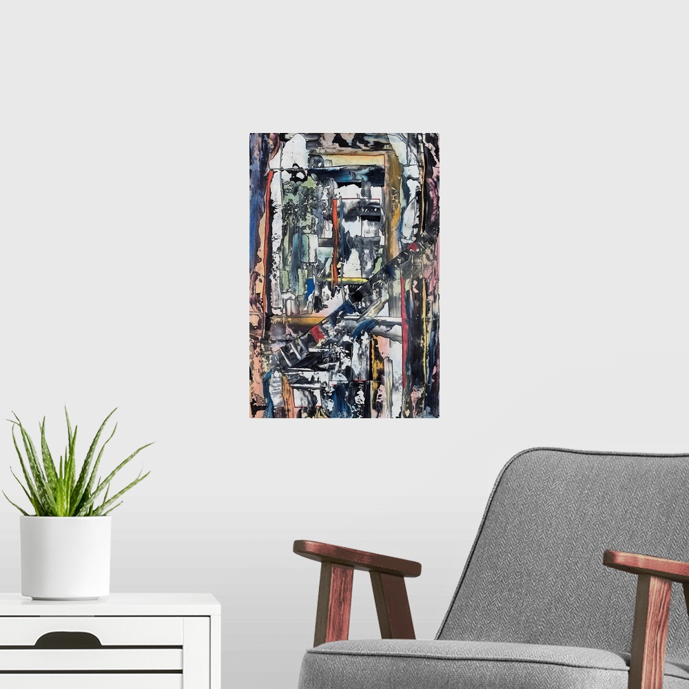 A modern room featuring Painting on paper of industrial form softened with vibrant tones.