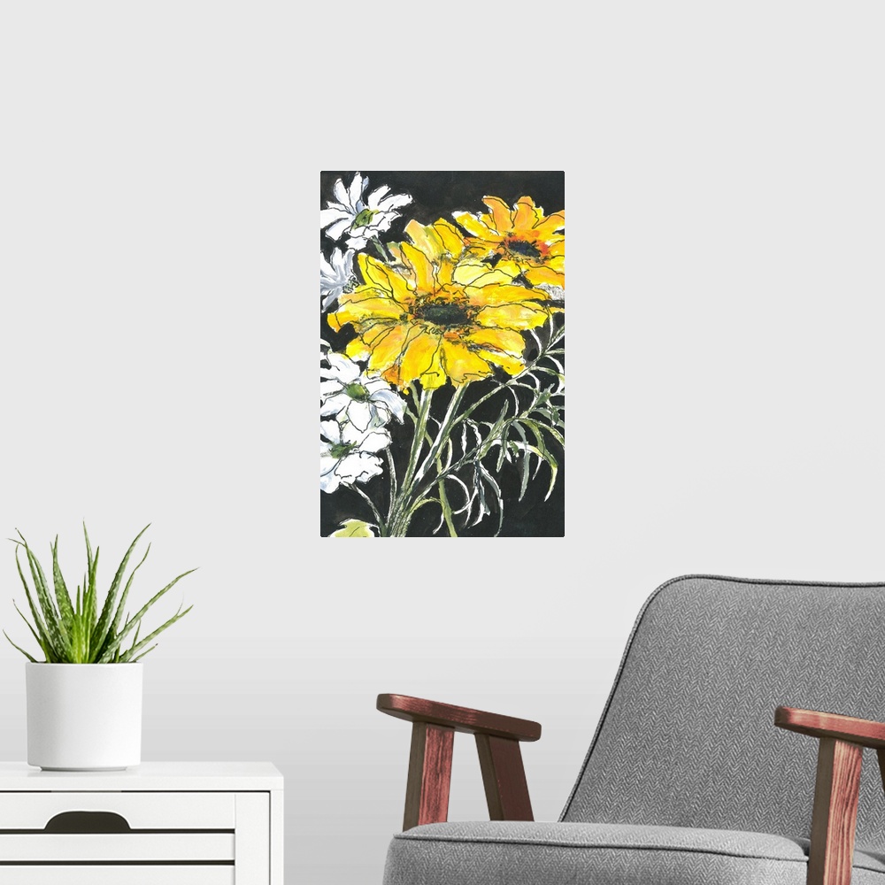 A modern room featuring Bright pen and wash contemporary drawing of yellow and white flowers on a black background.