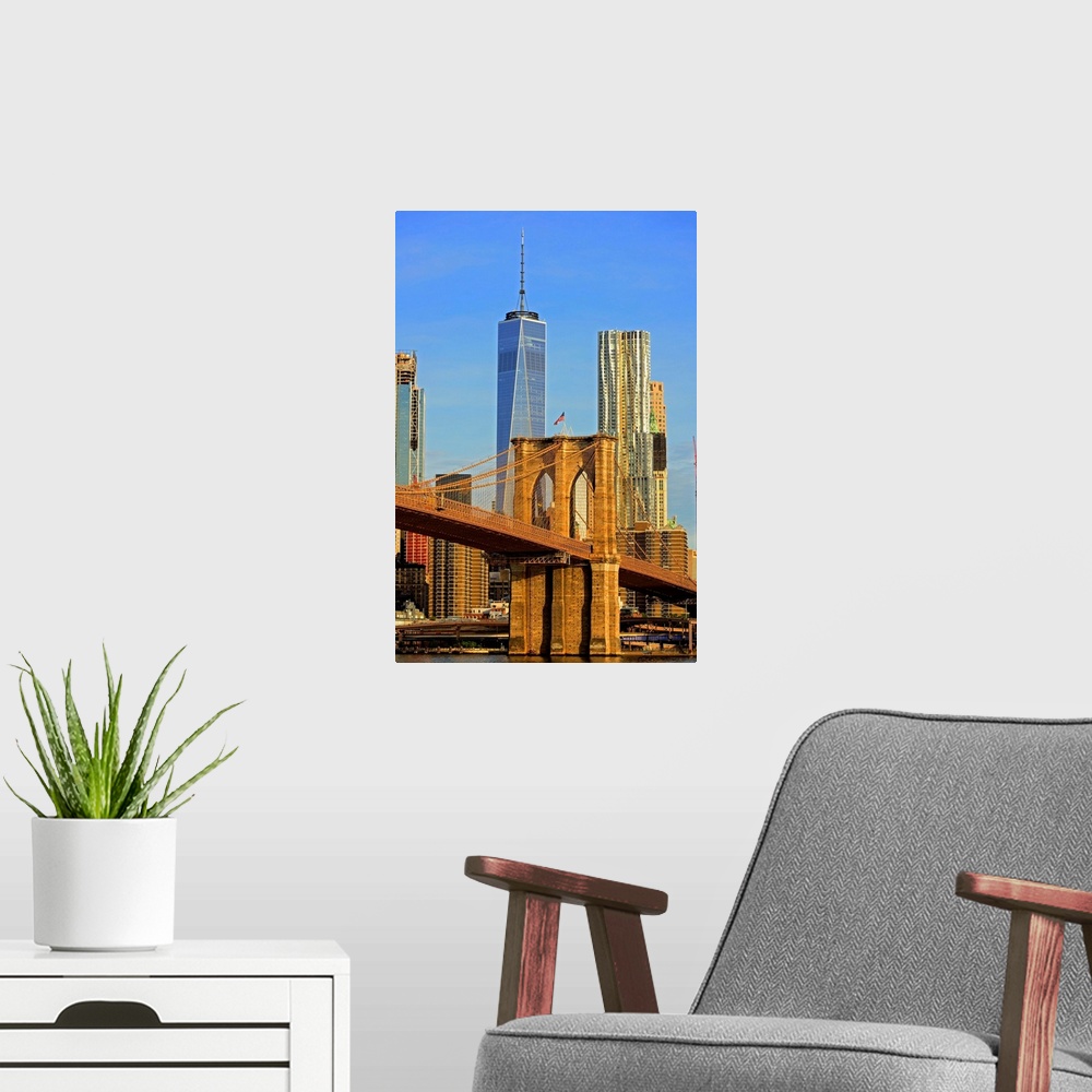 A modern room featuring Brooklyn Bridge And Freedom Tower At Sunrise