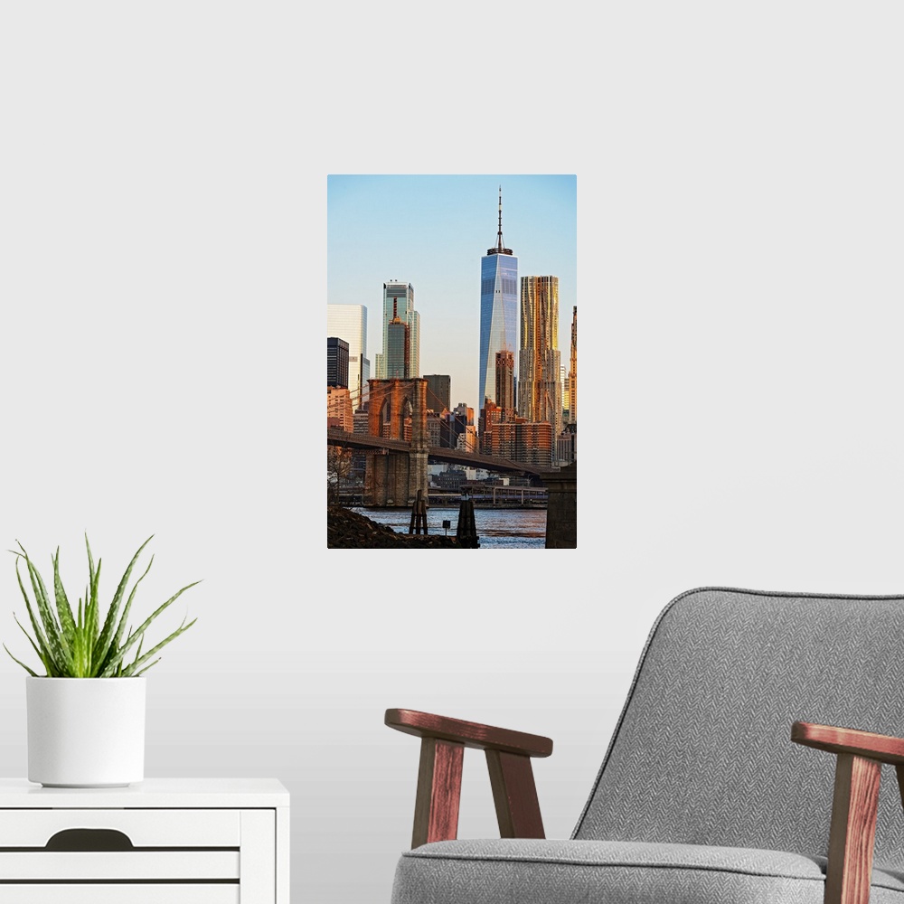 A modern room featuring Brooklyn Bridge View With 1WTC At Sunrise