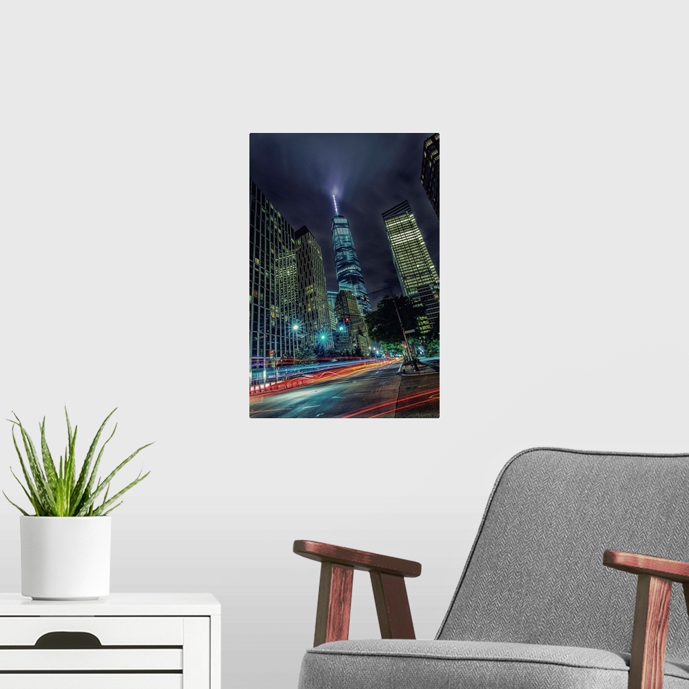 A modern room featuring Freedom Tower At Night