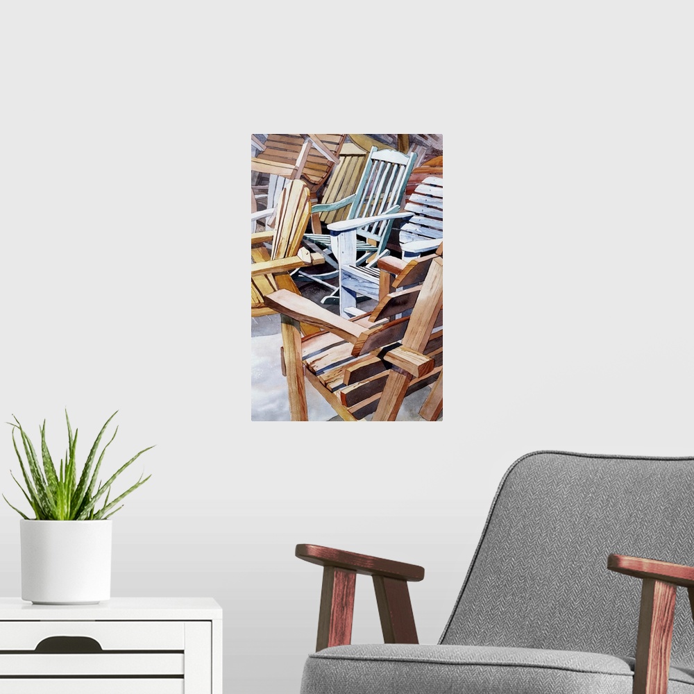 A modern room featuring Watercolor painting of different Adirondack Chairs