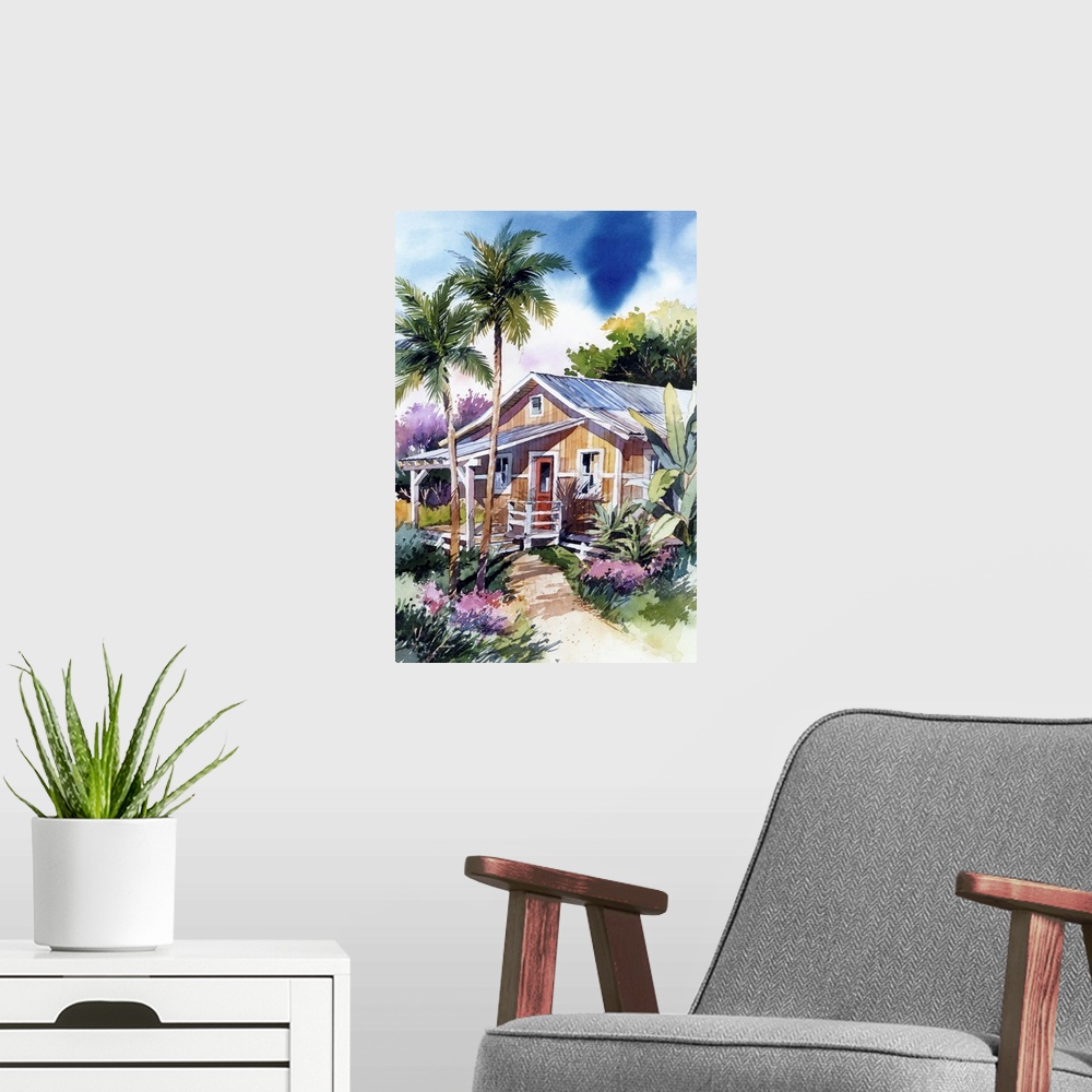 A modern room featuring Contempoarry watercolor painting of a house in Hana, Maui, Hawaii