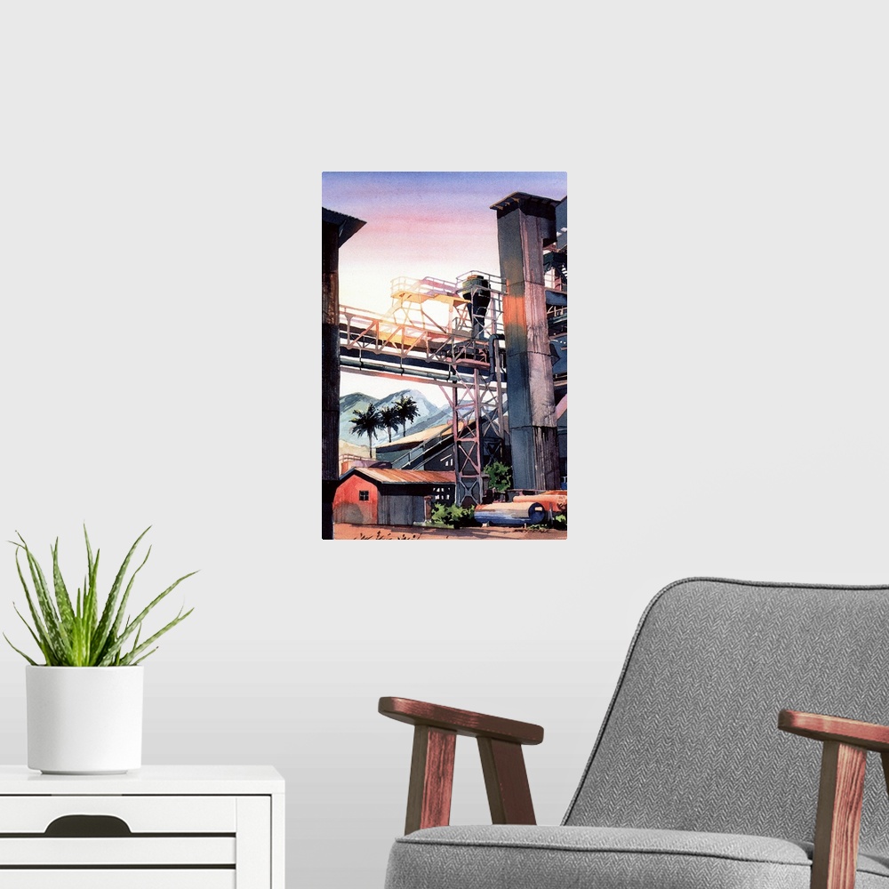 A modern room featuring Watercolor painting of an actual abandoned sugar mill in Maui, Hawaii