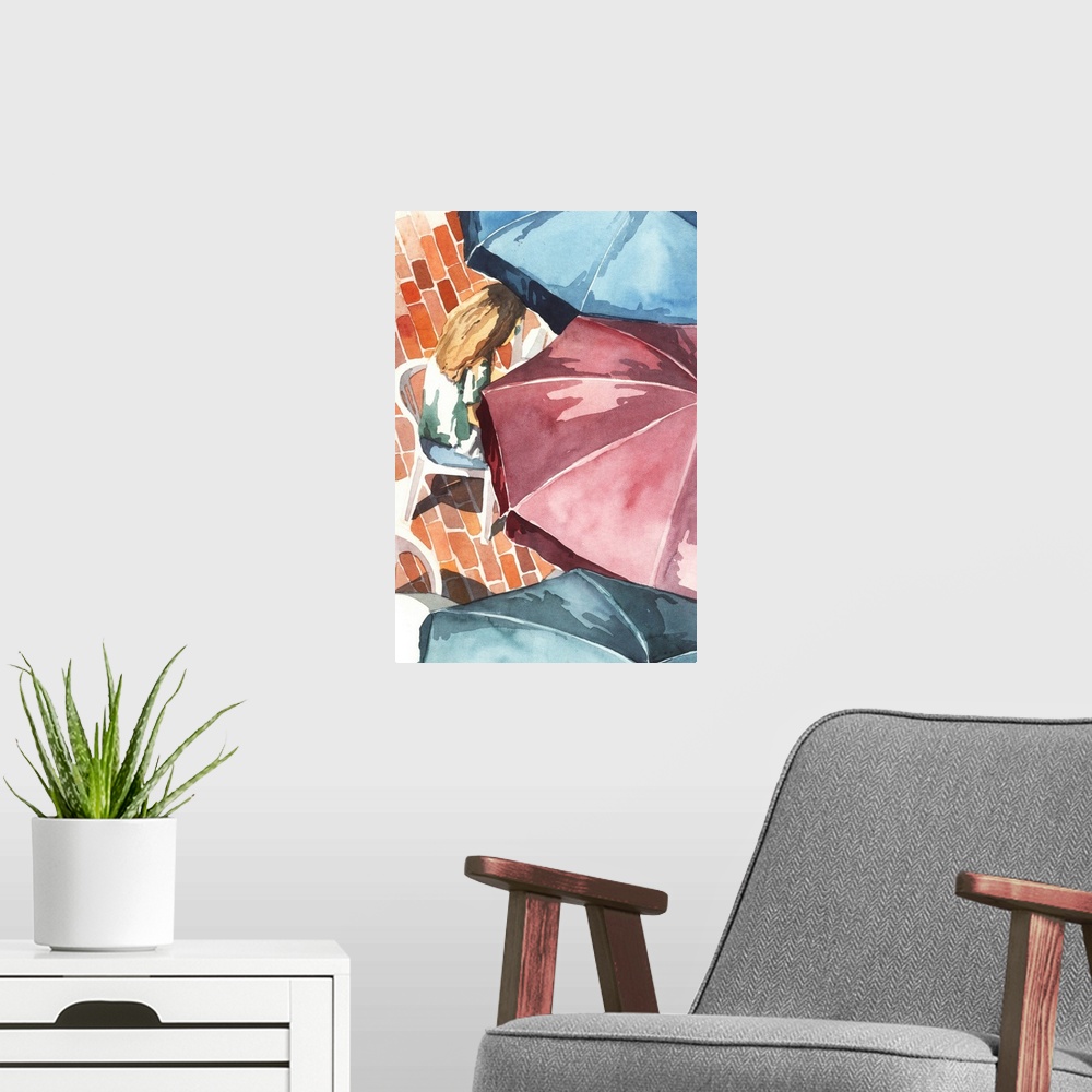 A modern room featuring Contemporary painting of a woman sitting in a chair underneath an umbrella, with two other umbrel...