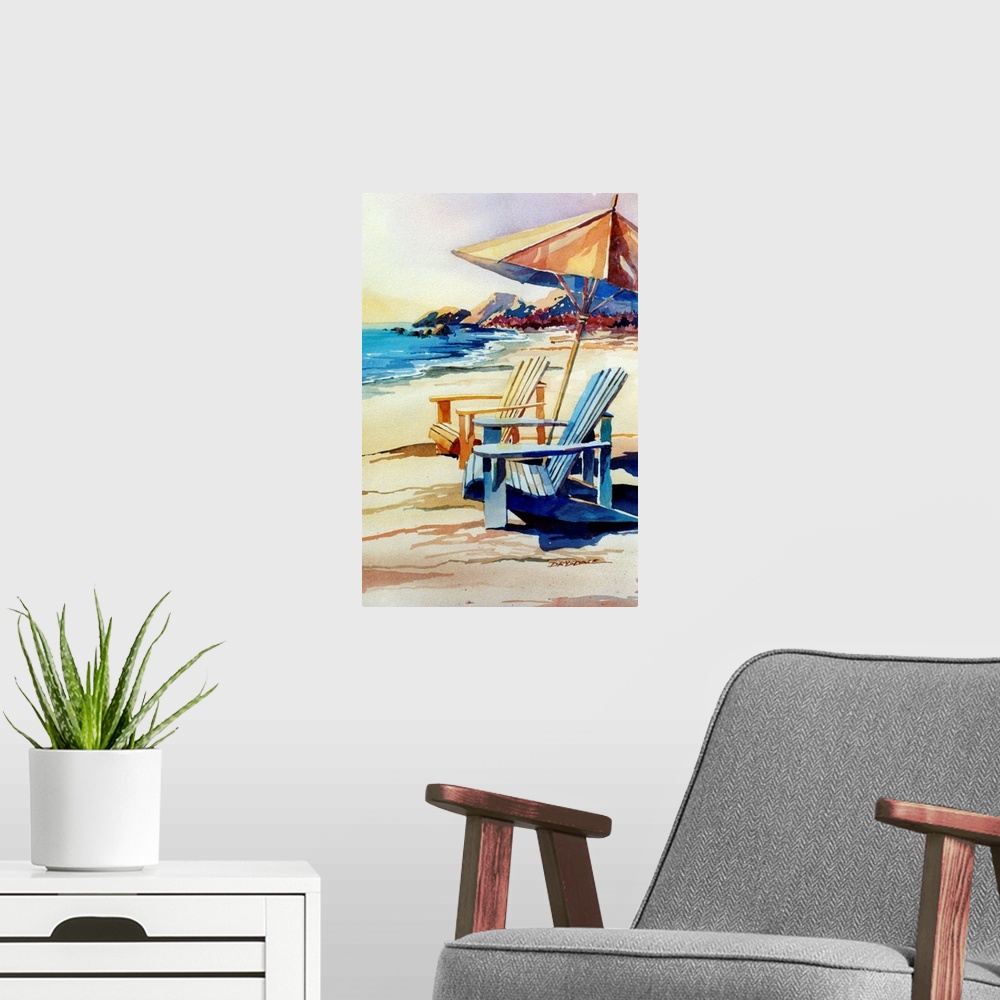A modern room featuring Contemporary watercolor painting of two adirondack chairs and an umbrella on the beach.