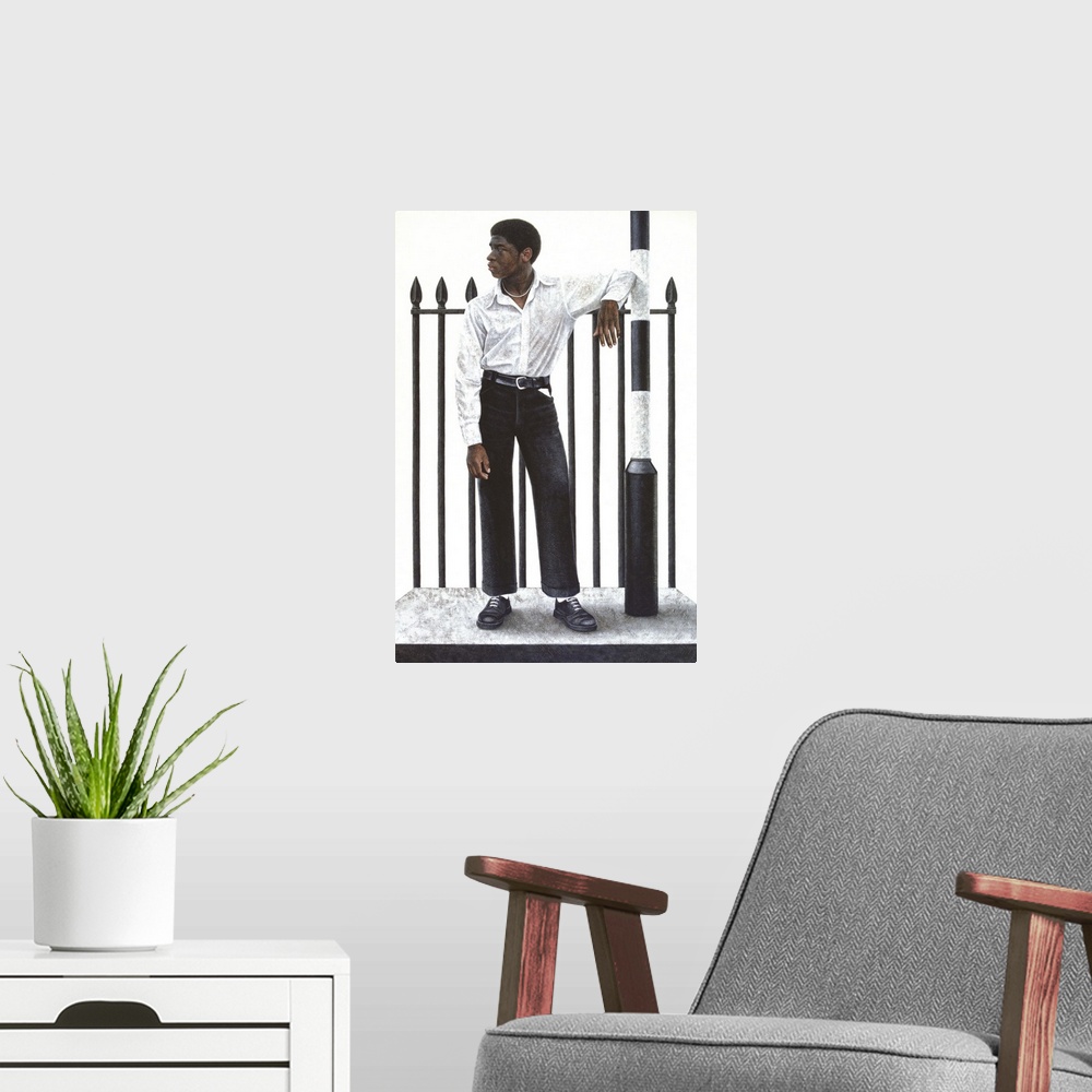A modern room featuring Contemporary painting of a man with clothes matching his urban surroundings.