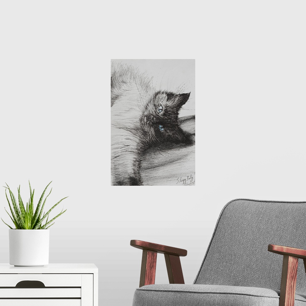 A modern room featuring Contemporary artwork of a cat laying on its side.