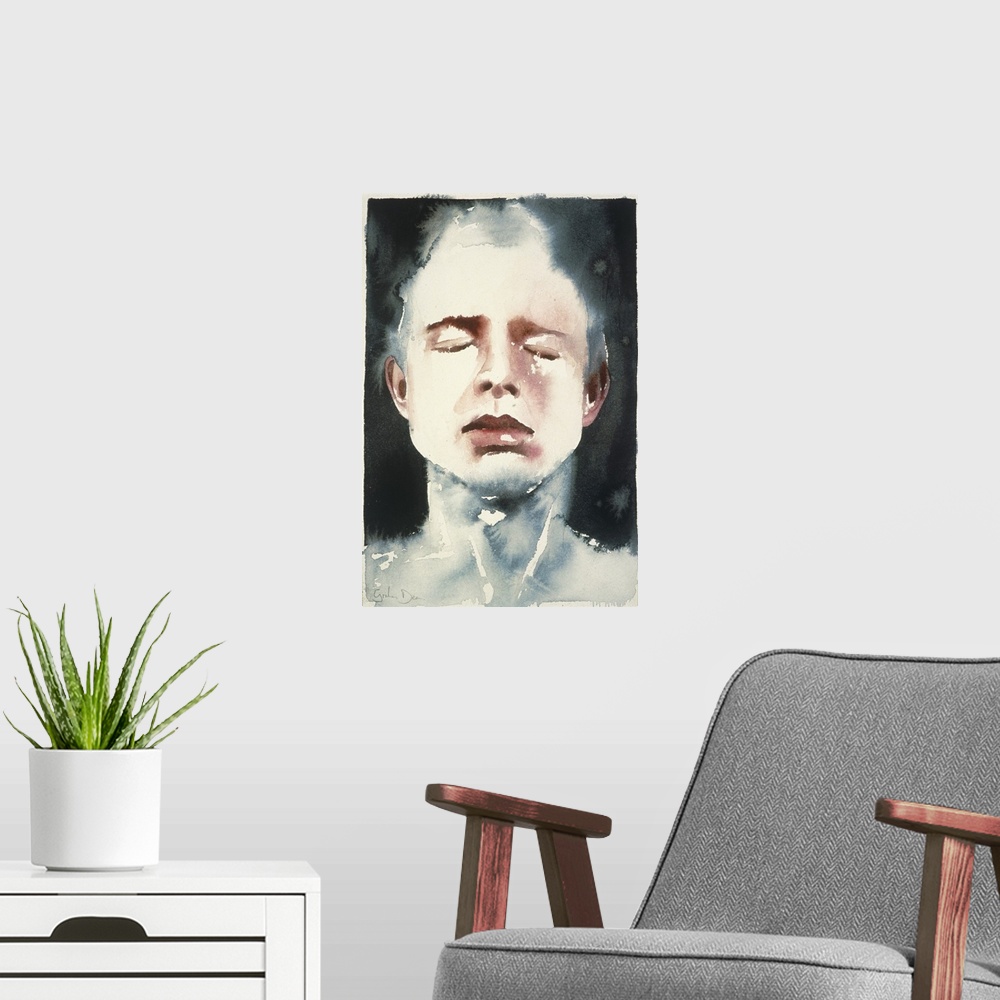 A modern room featuring Contemporary watercolor painting of a person with closed eyes is partially submerged in dark water.