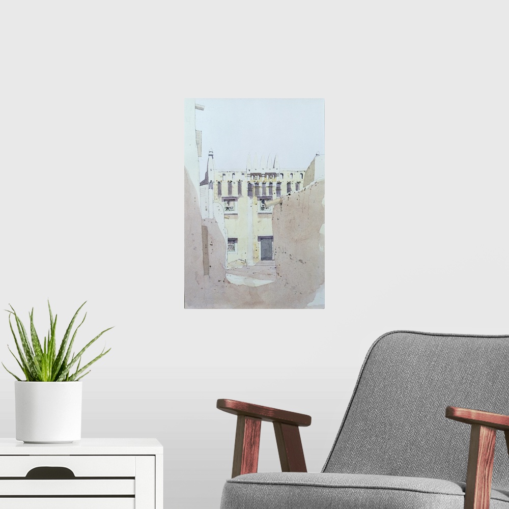 A modern room featuring Contemporary painting of a mosque in Djenne, Mali.