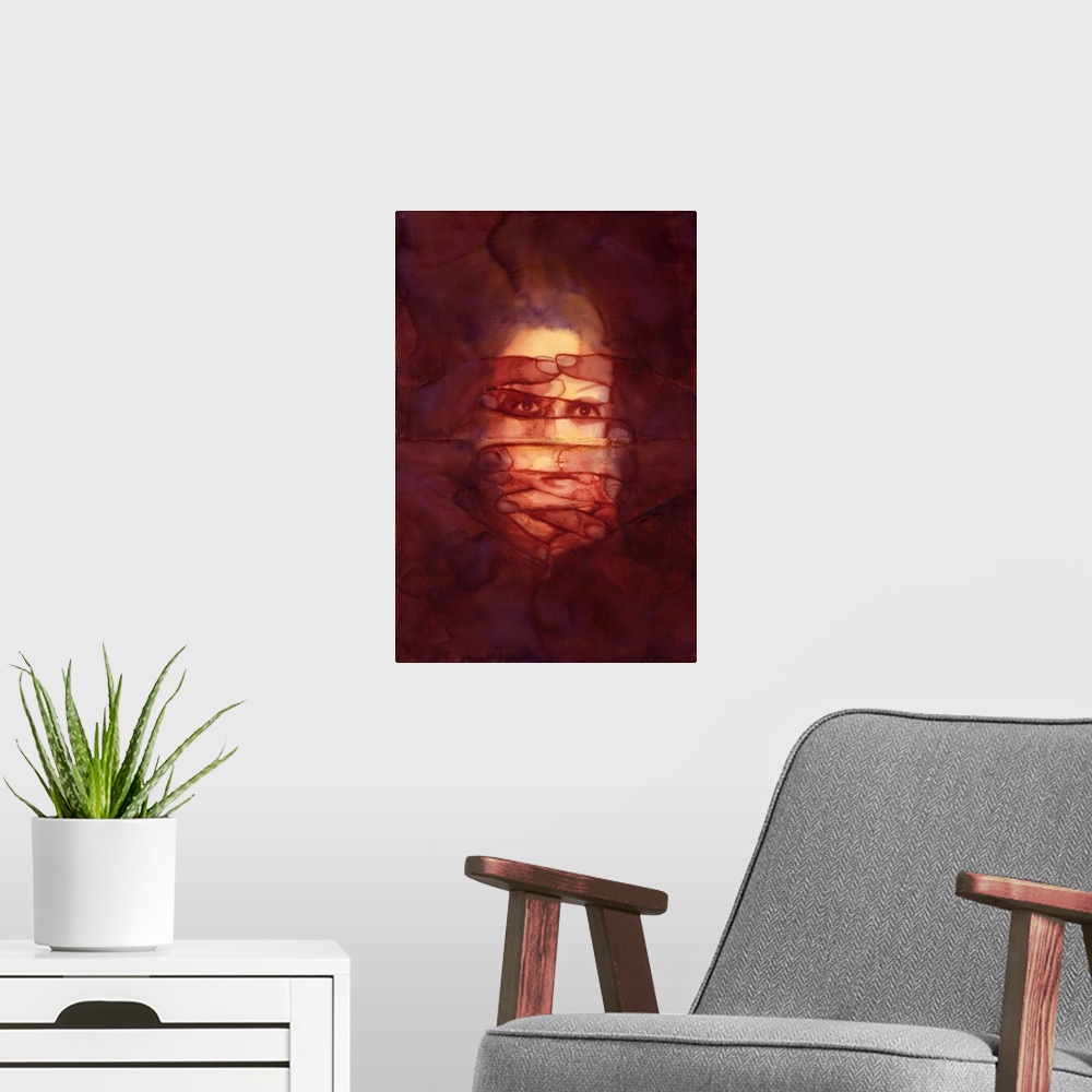 A modern room featuring Contemporary abstract painting of a face covered by overlapping fingers.