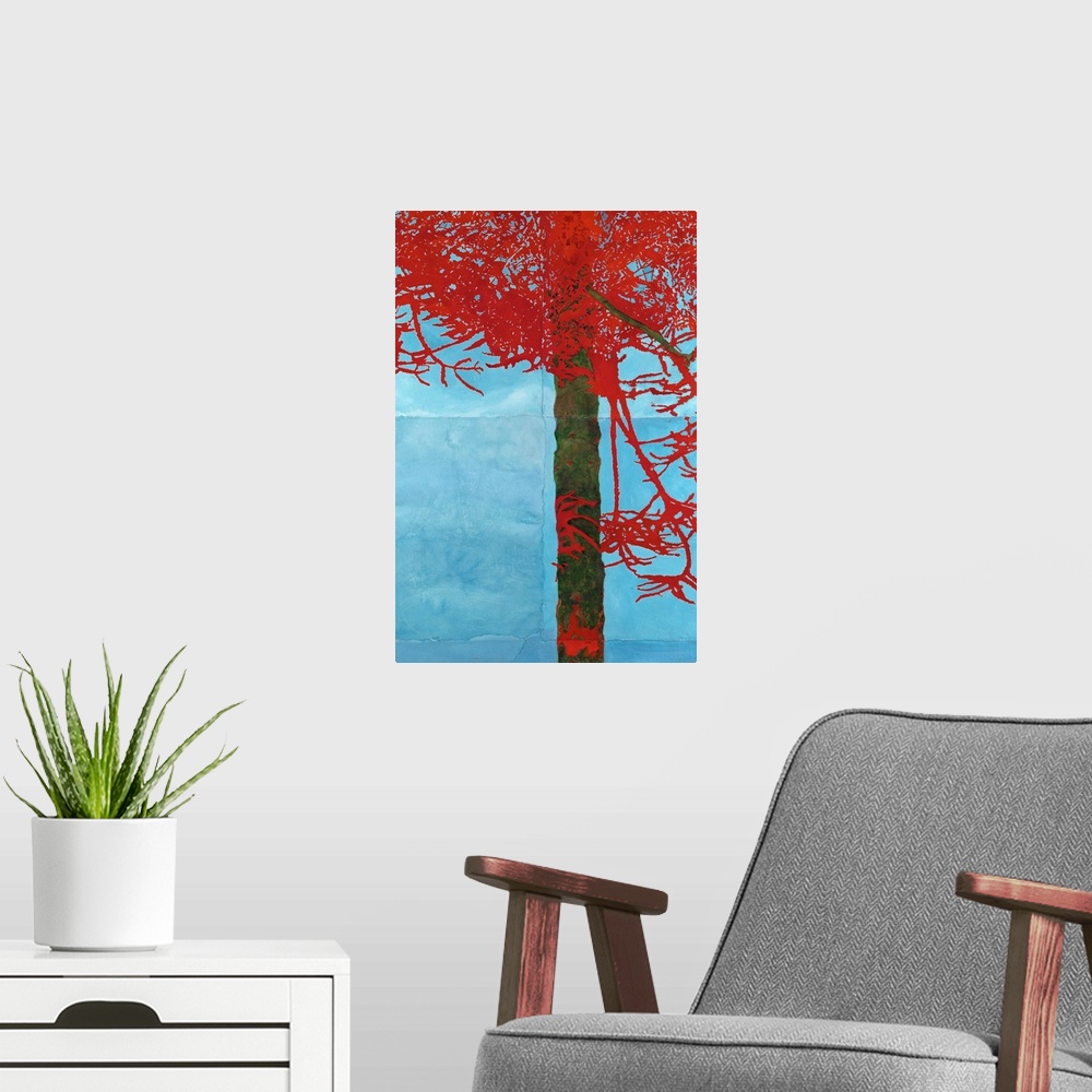 A modern room featuring Contemporary painting of the figure of a boat approaching a tree.