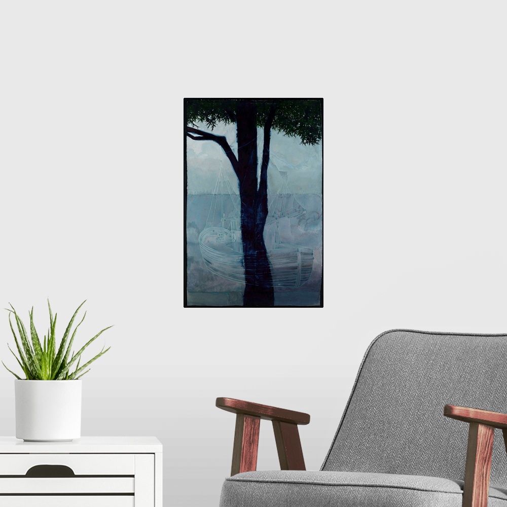 A modern room featuring Contemporary watercolor painting of a faint ship overlay with the image of a tree.