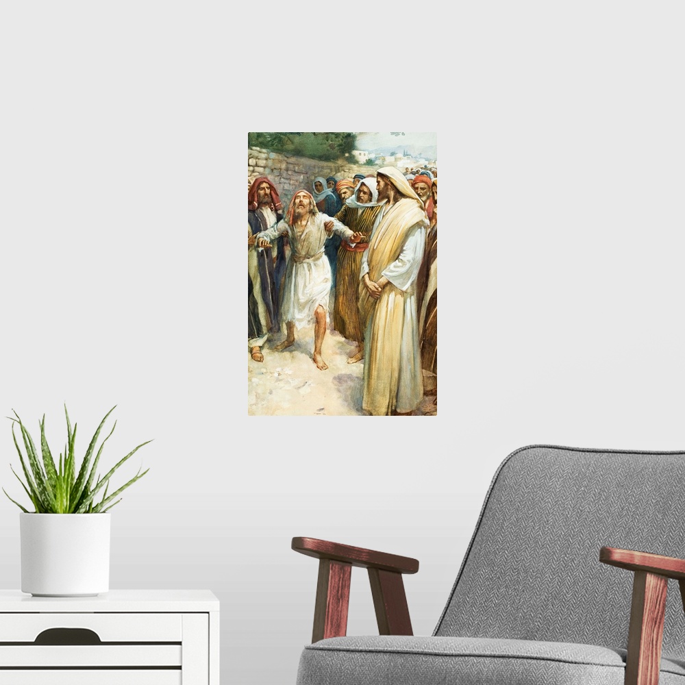 A modern room featuring Jesus and a Blind Man