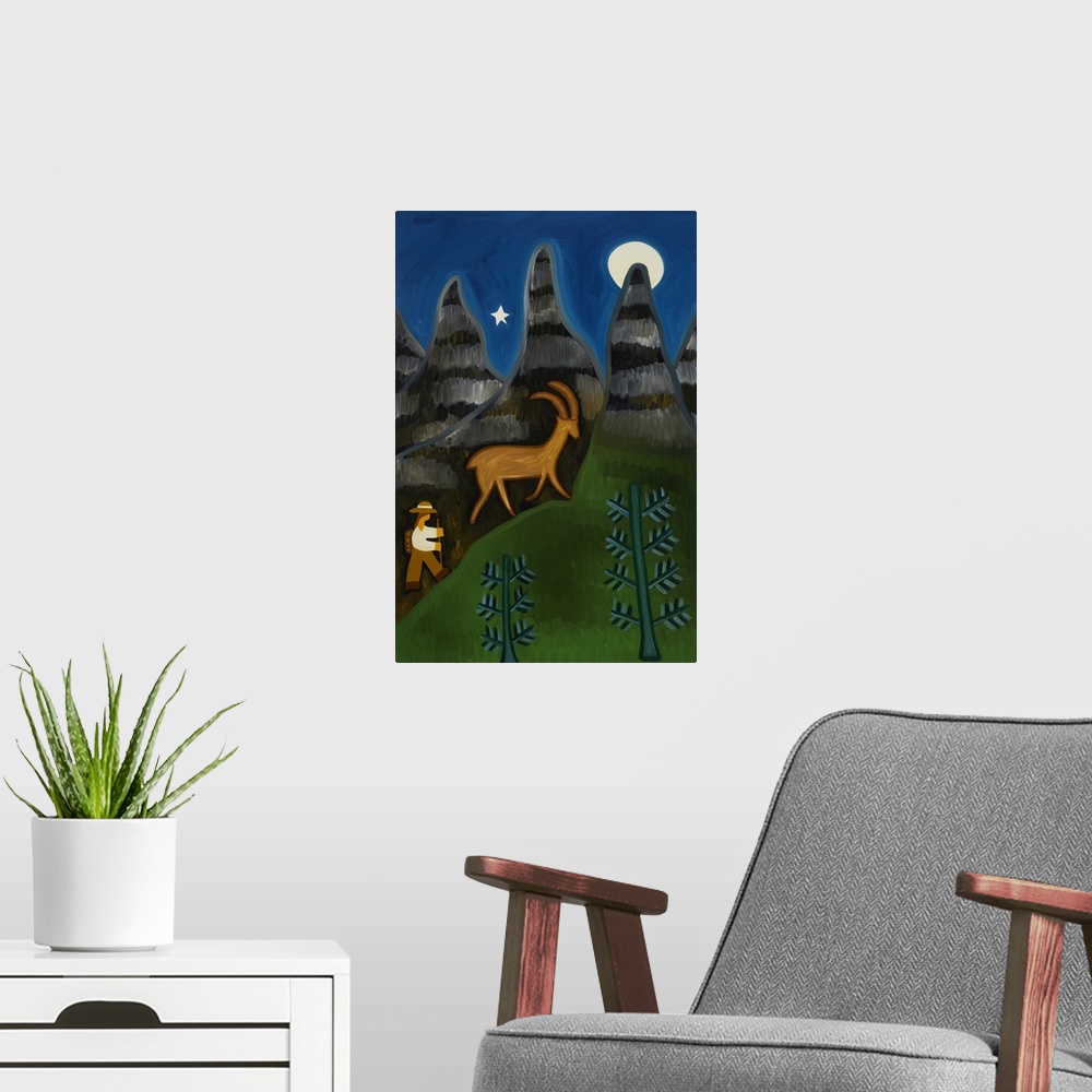 A modern room featuring Contemporary painting of a goat in a forest at night.