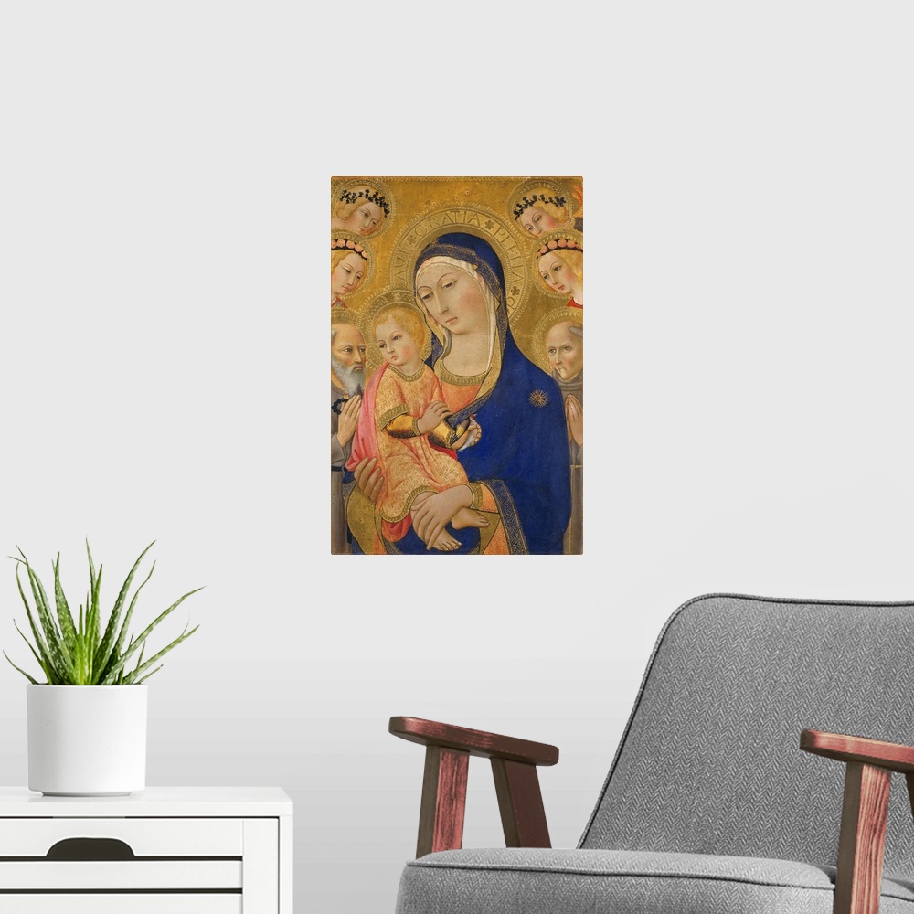 A modern room featuring Madonna and Child with Saint Jerome, Saint Bernardino, and Angels, c.1460