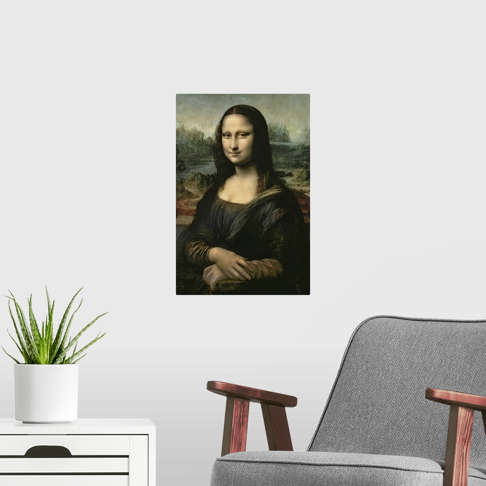 A modern room featuring This vertical artwork is a gicloe print of Da Vincios famous painting uncropped and in its entire...