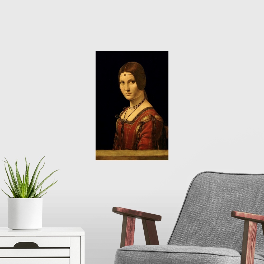 A modern room featuring XIR34379 Portrait of a Lady from the Court of Milan, c.1490-95 (oil on panel)  by Vinci, Leonardo...