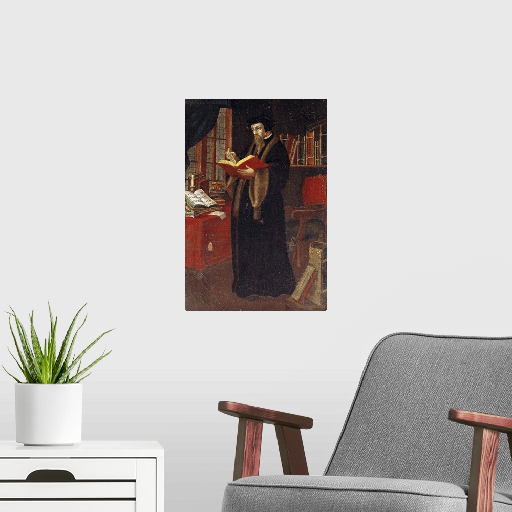 A modern room featuring XIR80412 Portrait of John Calvin (1509-64), French theologian and reformer (oil on canvas)  by Fr...