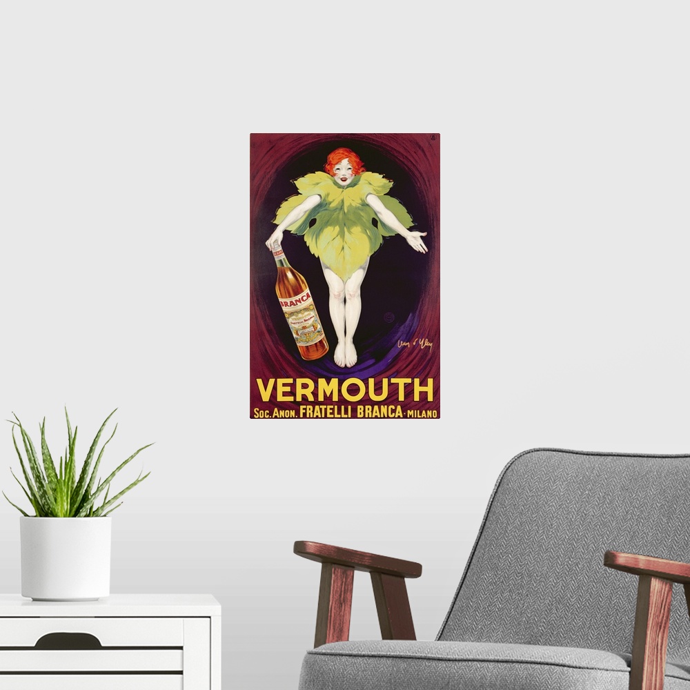 A modern room featuring This vintage poster shows a woman wearing a life size leaf and holding a large bottle of vermouth.