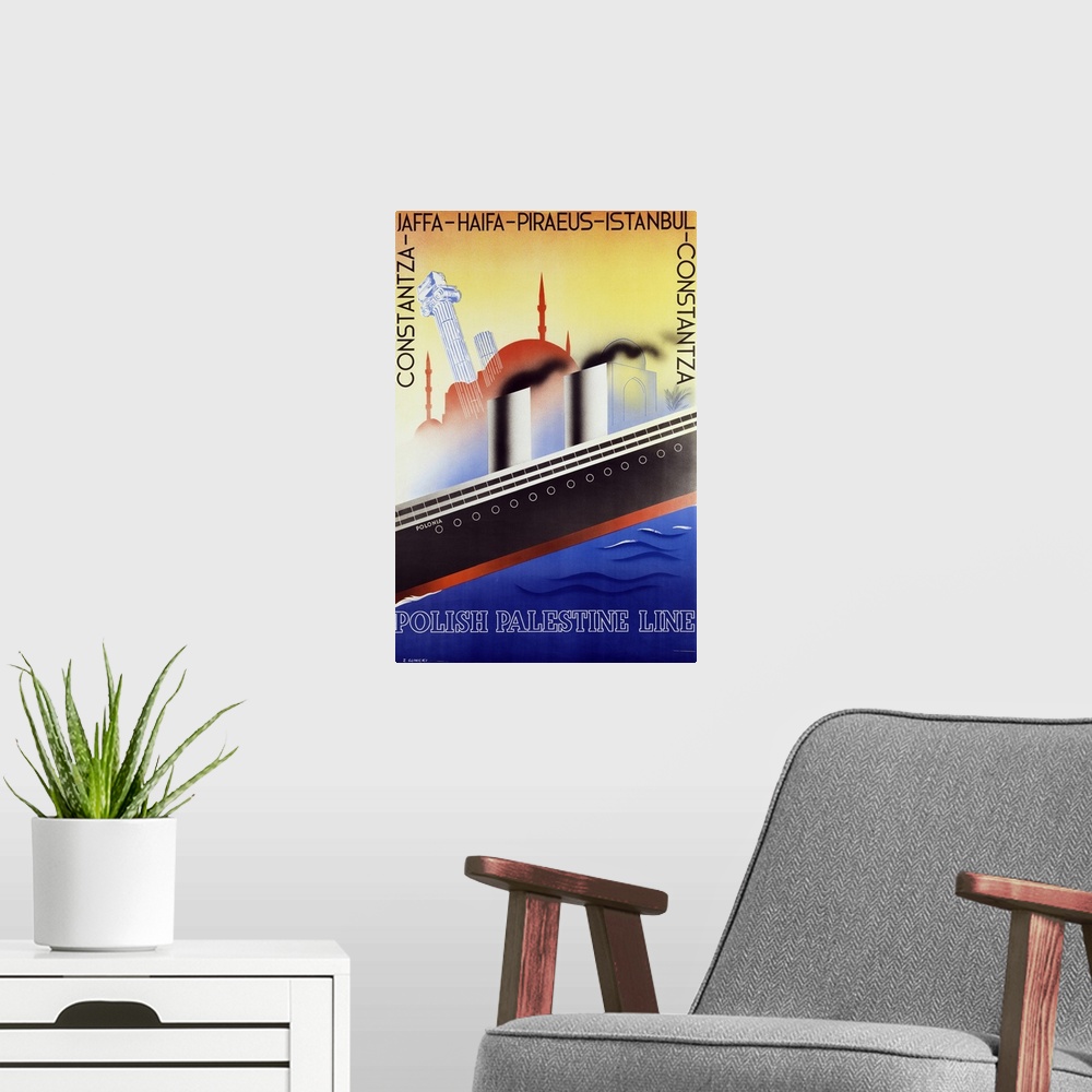 A modern room featuring IMJ407789 Poster advertising the Polish Palestine Line, c.1933 (colour litho) by Glinicki, Zygmun...