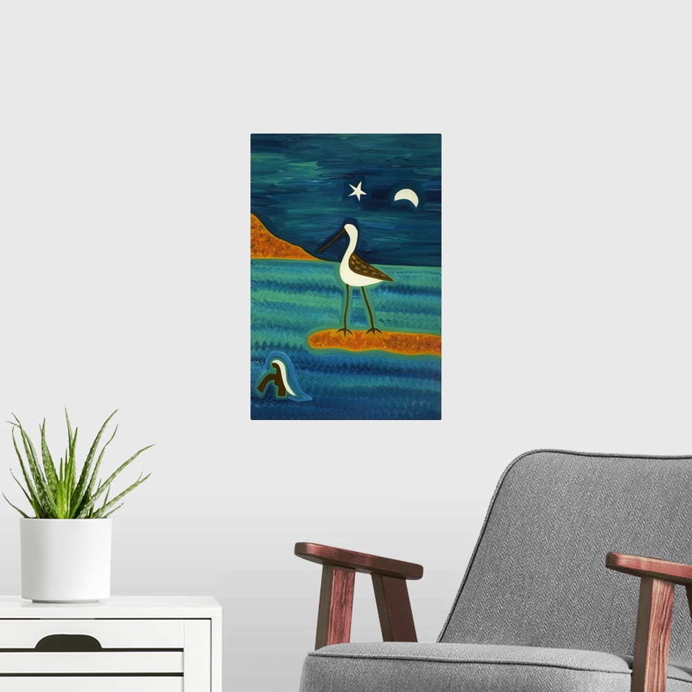 A modern room featuring Contemporary painting of a sandpiper on a sandbank at night.