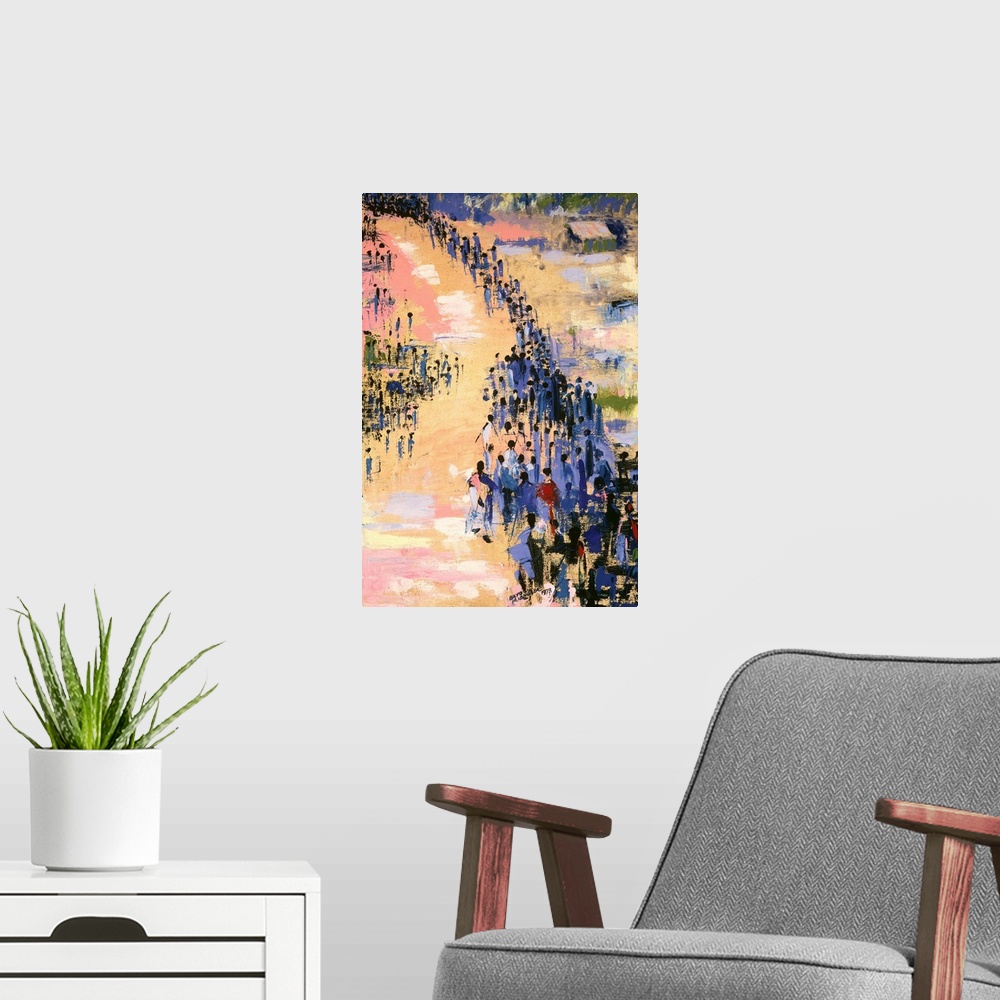 A modern room featuring This vertical painting depicts a scene that is an exodus of abstract black figures progressing to...