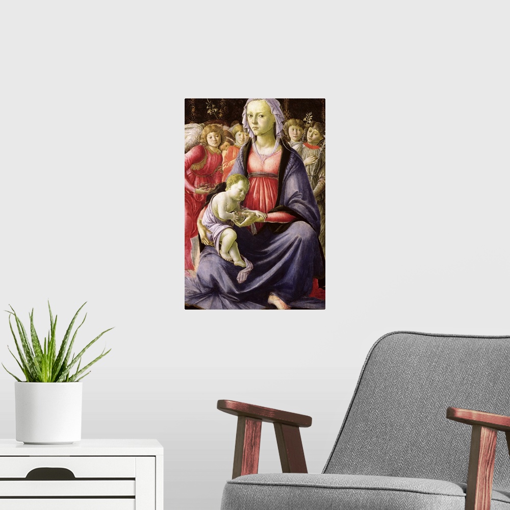 A modern room featuring XIR33776 The Virgin and Child surrounded by Five Angels (oil on panel)  by Botticelli, Sandro (14...