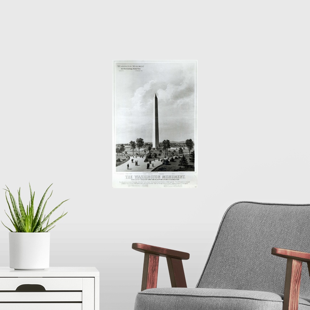 A modern room featuring The Washington Monument and Surroundings, North View (originally litho) (black and white photo), ...