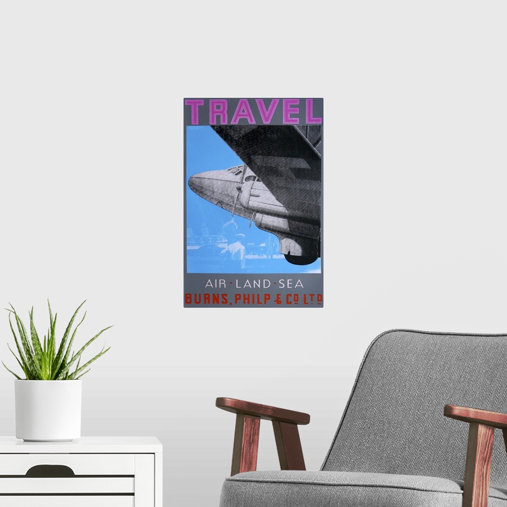A modern room featuring Contemporary artwork of an air travel poster.