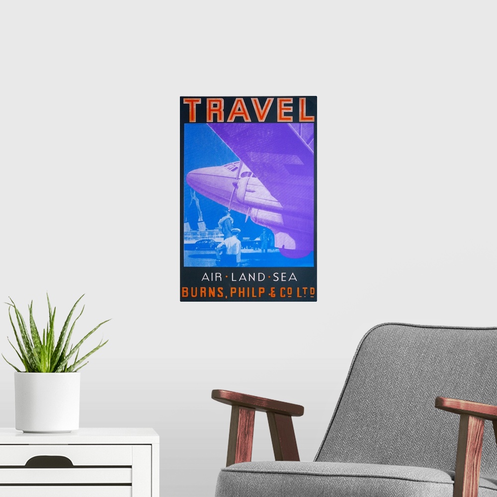 A modern room featuring Contemporary artwork of a travel poster for Air Travel.