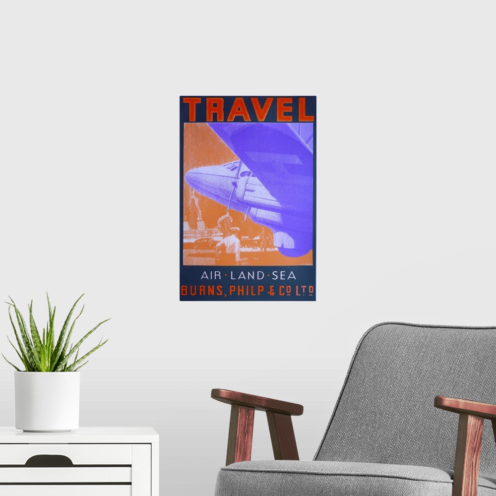 A modern room featuring Contemporary artwork of a travel poster for Air Travel.