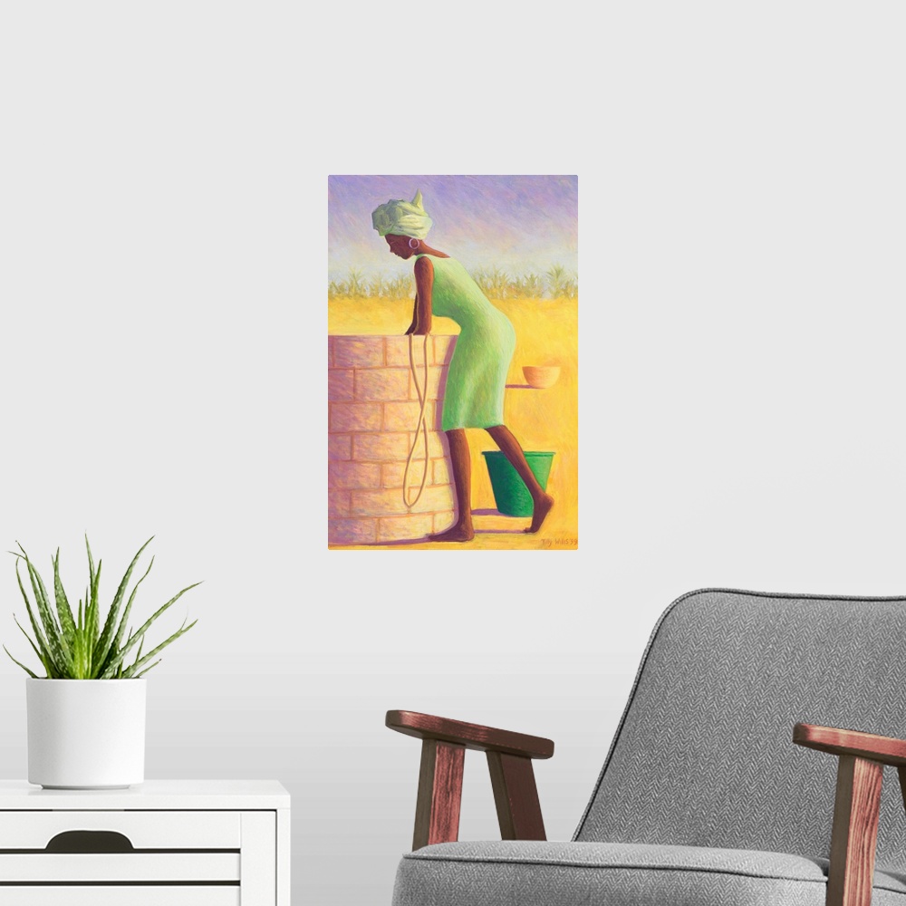 A modern room featuring Contemporary painting of a woman fetching water from a stone well.