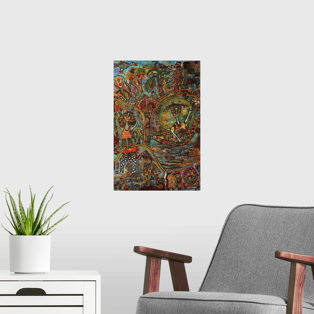 A modern room featuring Contemporary abstract painting using wild colors in ornate and decorative patterns.