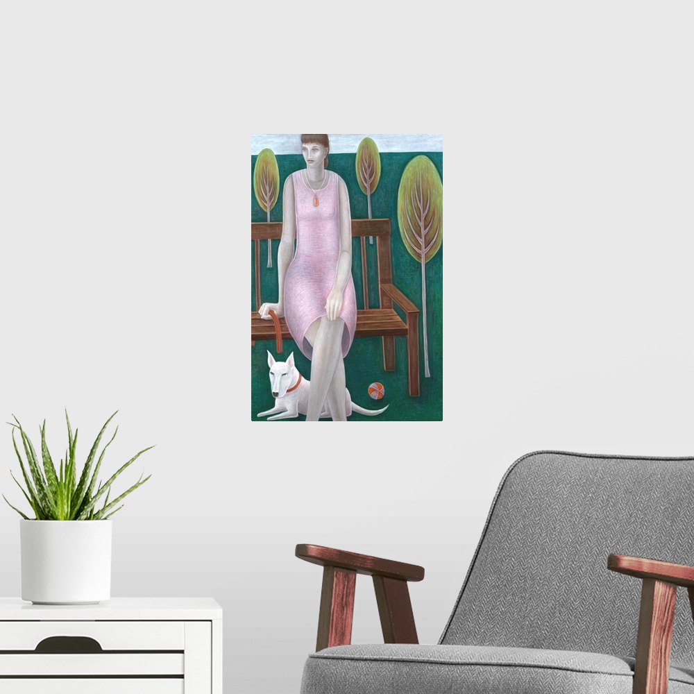 A modern room featuring Contemporary painting of a woman sitting on a bench with a dog.