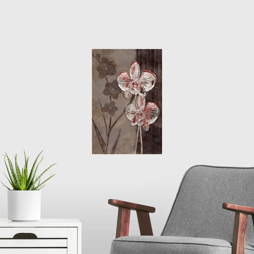 A modern room featuring Vertical artwork of white and red orchids in a sketch style with a black border on the right.