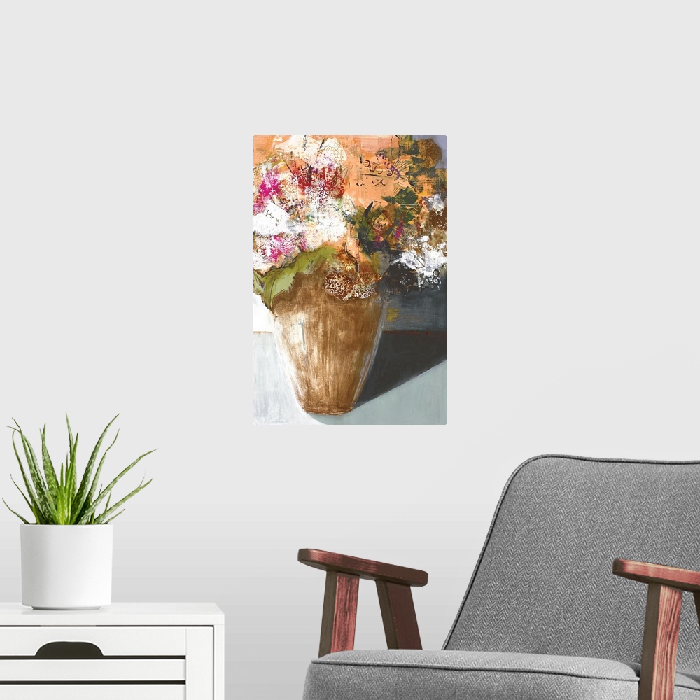A modern room featuring A modern painting of a vase of flower done in layers of paint with a circular design on the top l...