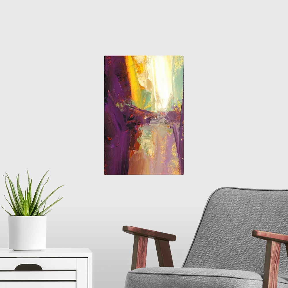 A modern room featuring A vertical abstract painting in vibrant colors of purple, yellow and red.