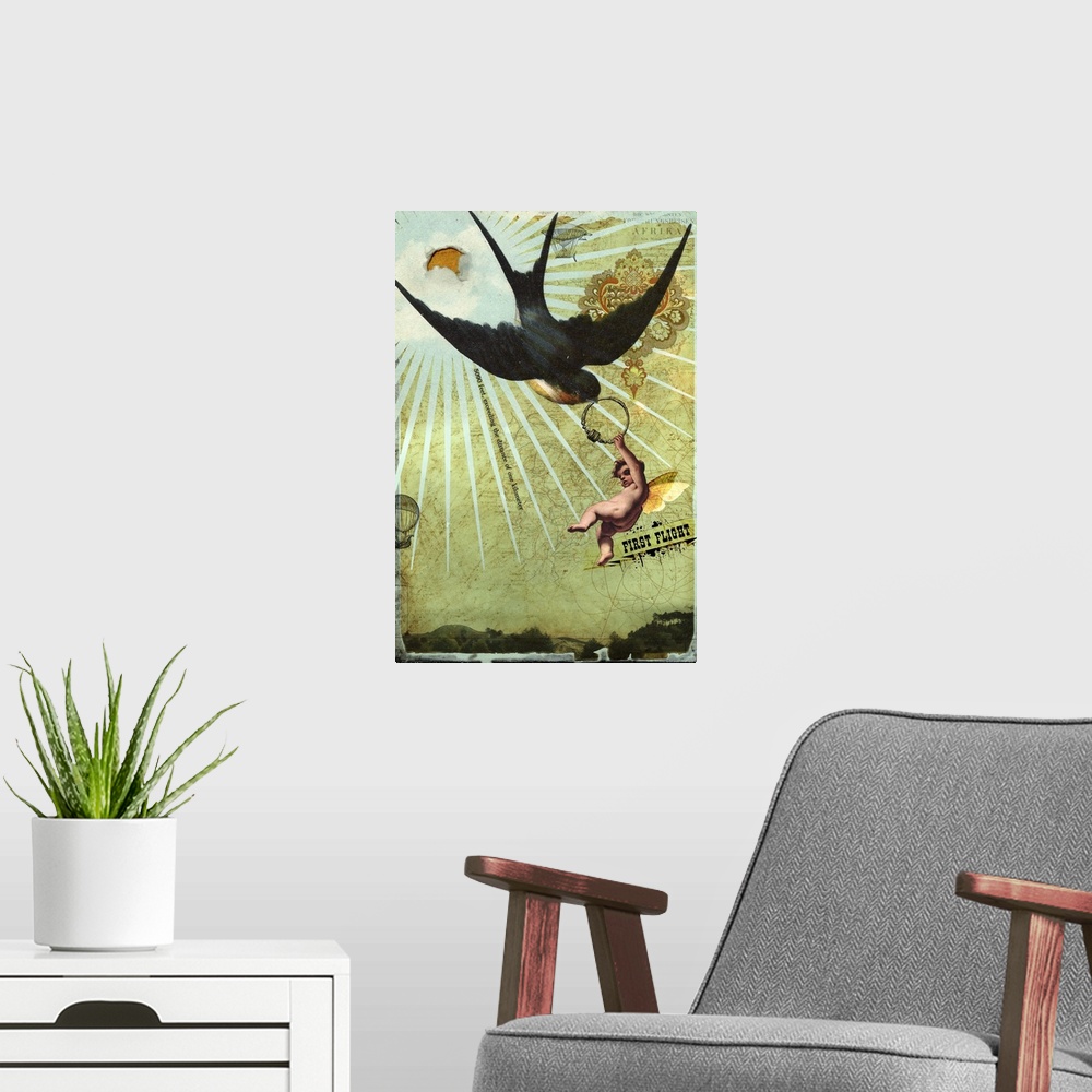 A modern room featuring A composite image of a young child with wings holding a ring that is being carried off by a bird.