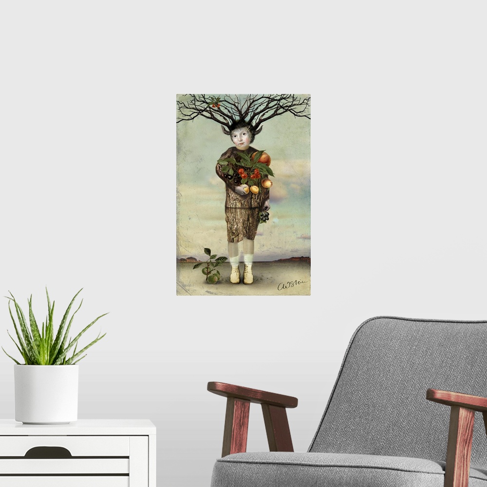 A modern room featuring A mythical creature is holding a variety of fruit from a harvest.
