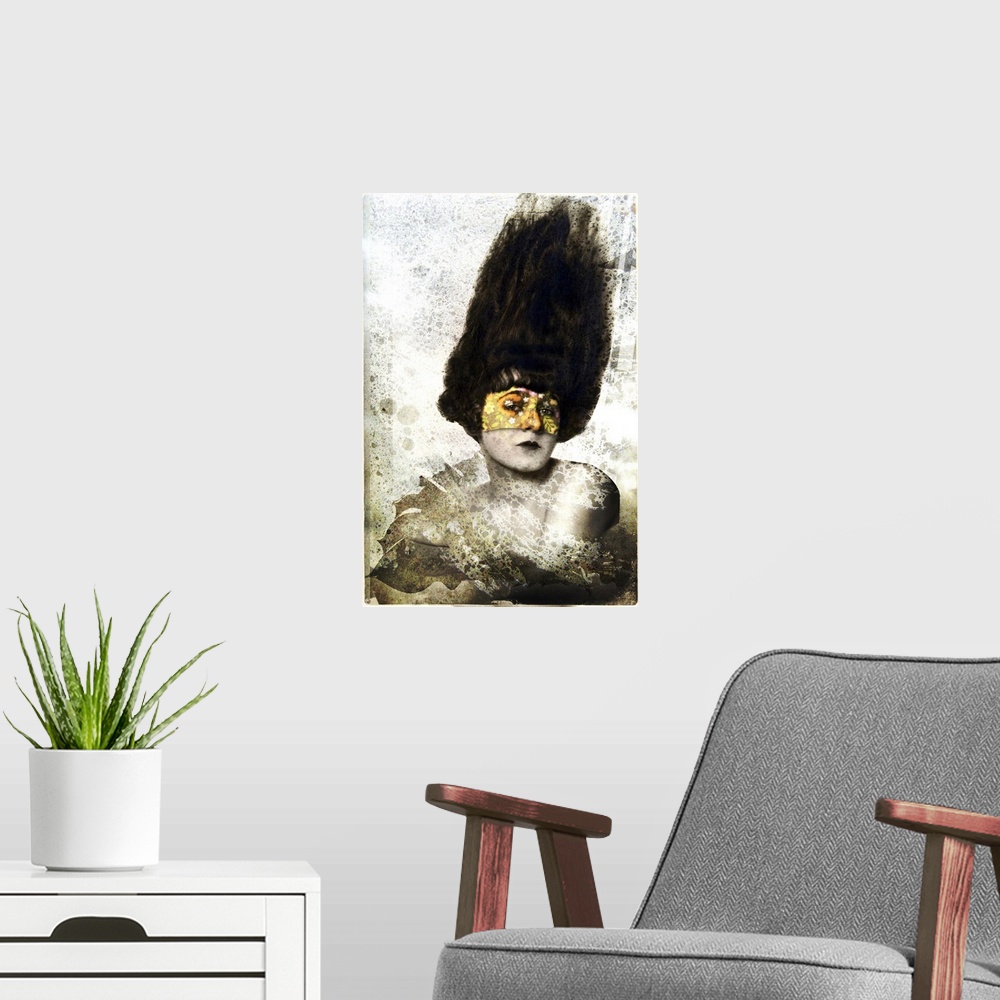 A modern room featuring A portrait of a woman wearing a mask with a textured overlay.