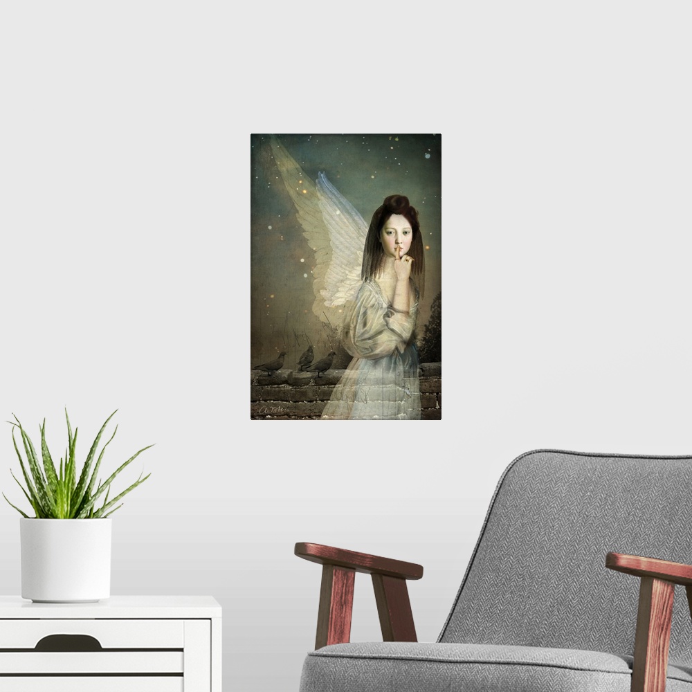 A modern room featuring An angel with wings is holding a finger to her mouth as she stands next to a brick wall with bird...