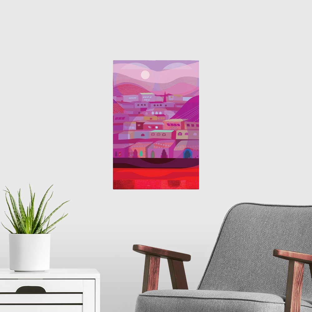 A modern room featuring A vertical illustration of houses near mountains, in various shades of pink with light circular a...