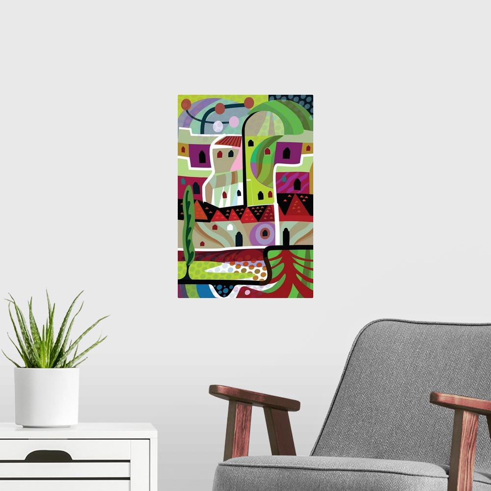 A modern room featuring Digital vertical illustration of an abstract landscape.