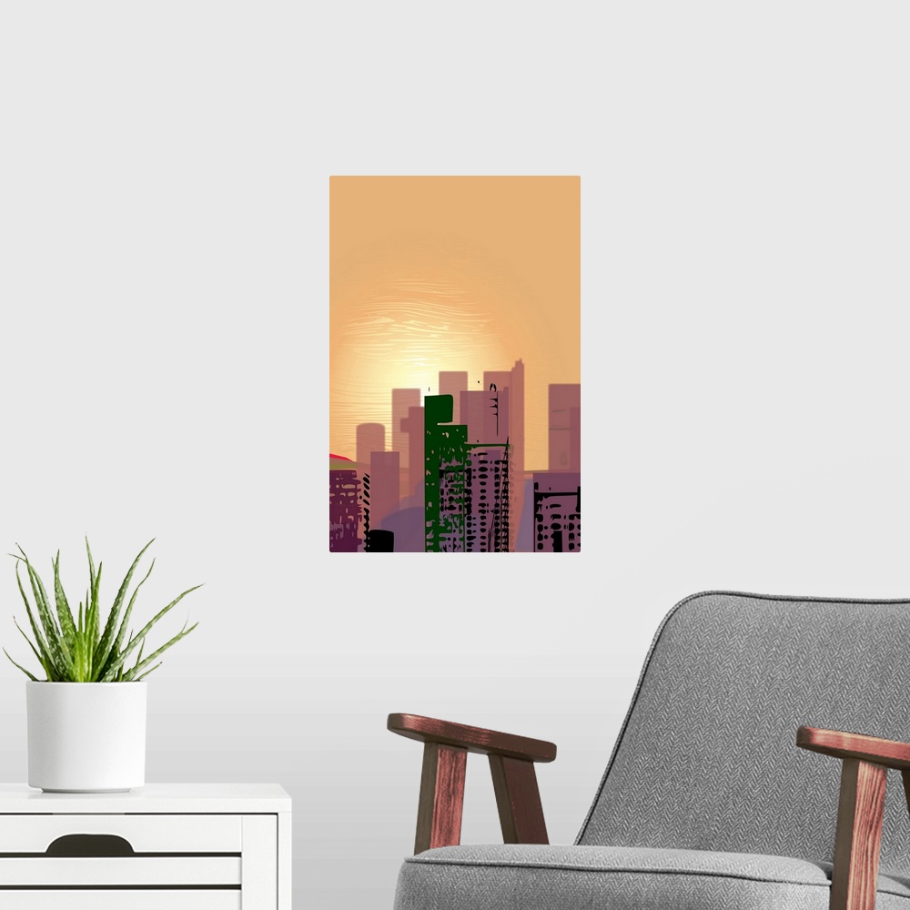 A modern room featuring Sunset over California Street