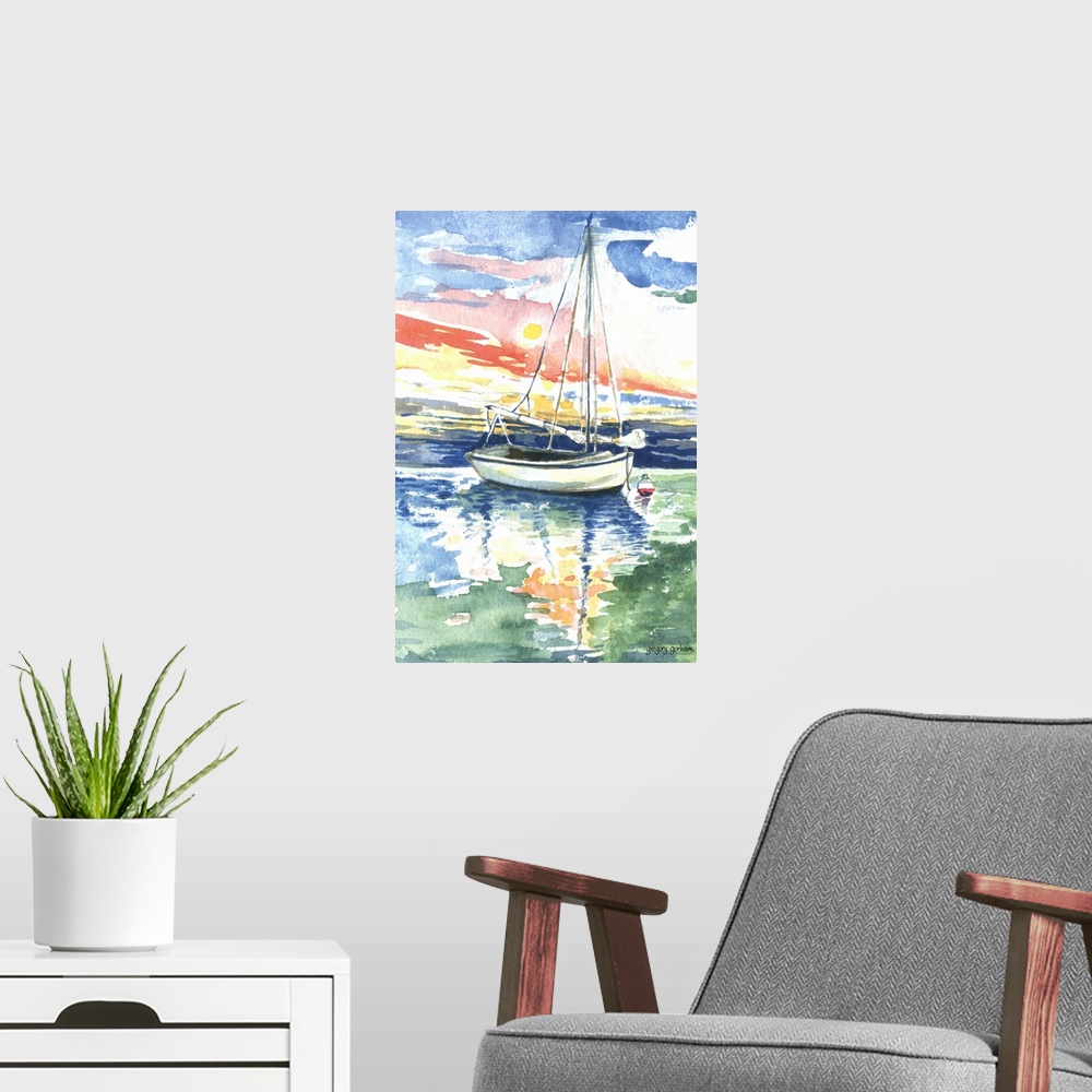 A modern room featuring Watercolor painting of a sailboat on the ocean at sunset.