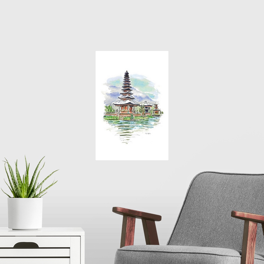 A modern room featuring A lovely pen and ink rendering of a pagoda captures the mystery of the Orient