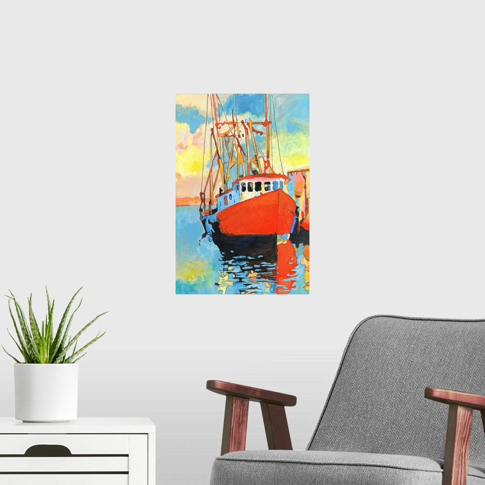 A modern room featuring A moody artistic boat scene captures the mystery of the sea