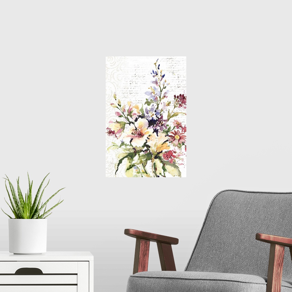 A modern room featuring A loosely exquisite watercolor captures the beauty of nature